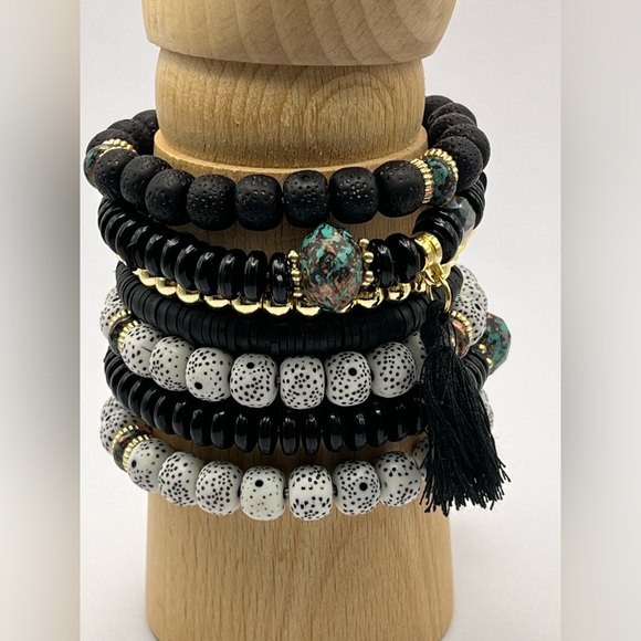 Stylish Boho Chic Gold & Black Stacked Bracelets -Trendy Mixed Style Bracelets - Picture 14 of 17